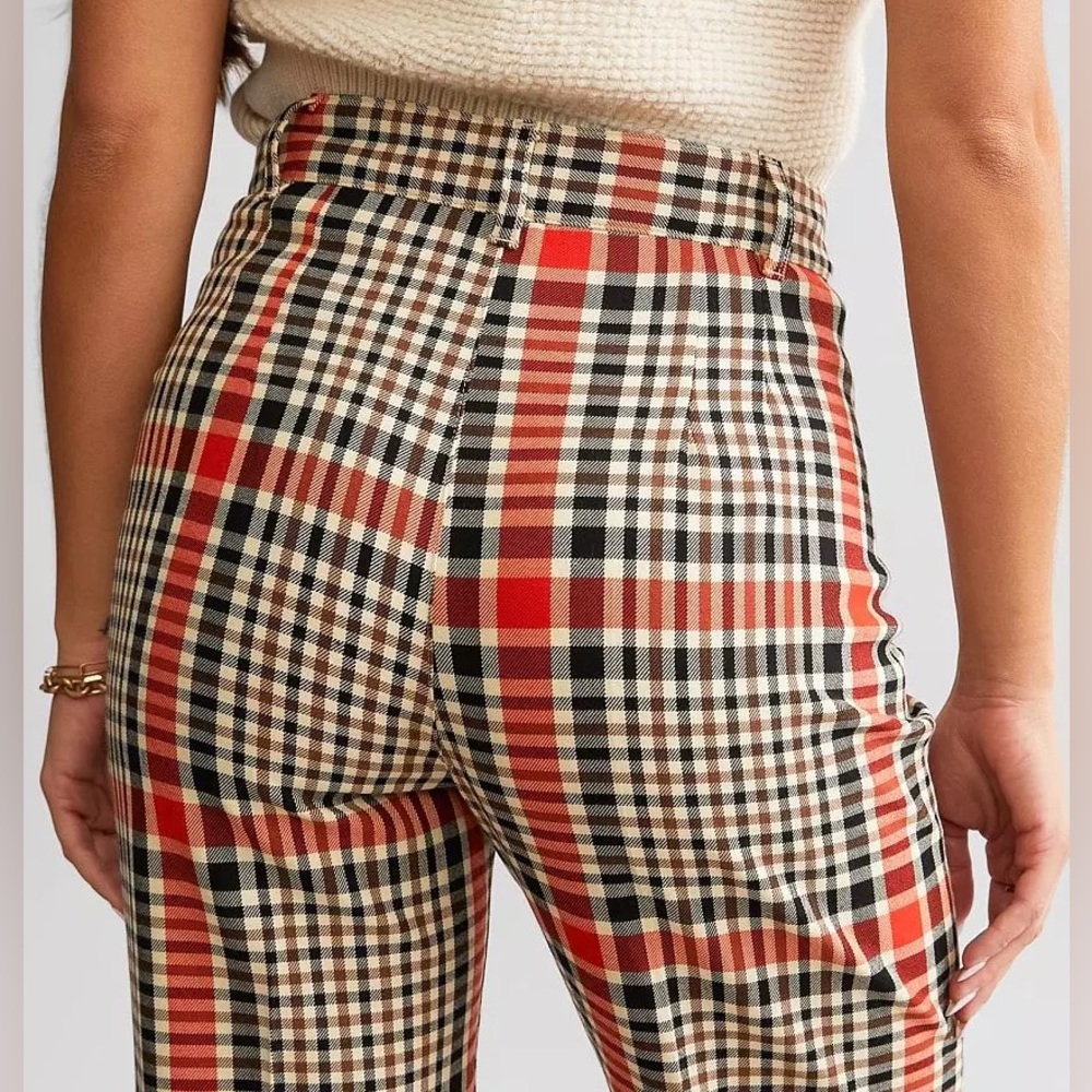 NWT Free People Jules Orange Black Cream Plaid Flare Pants Sz 12 Short - Picture 8 of 15